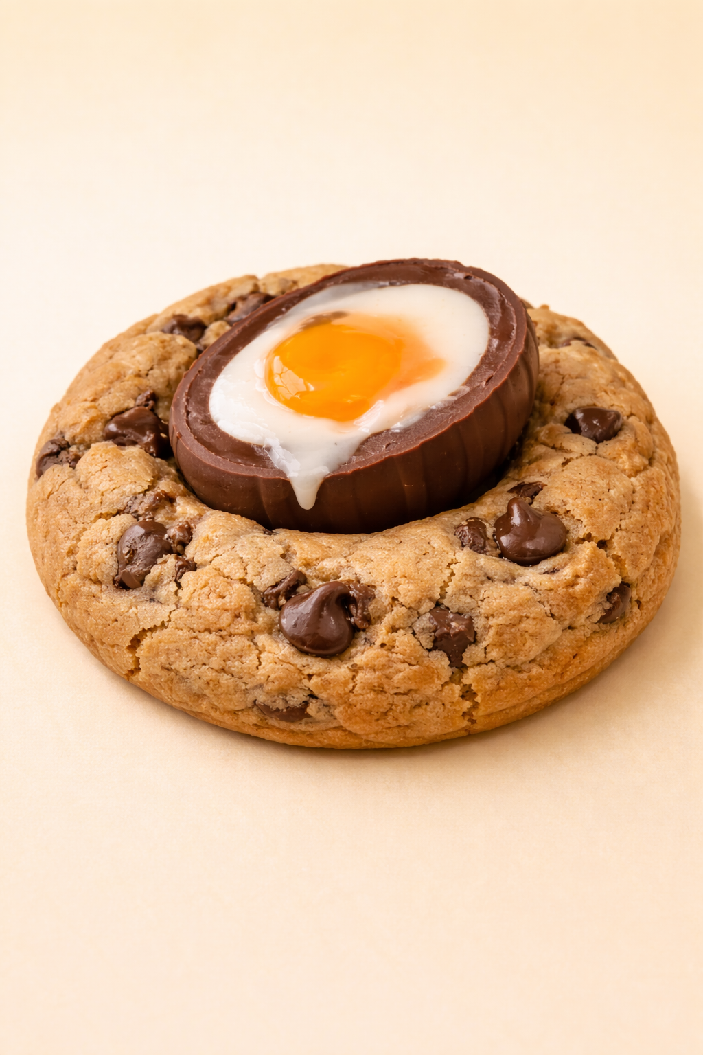 Chocolate chip cookie with a creme egg on top, gluten free